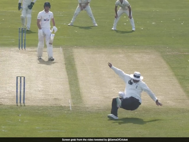 Umpire Hilariously Falls On Ground While Saving Himself From A Shot During County Game. Watch
