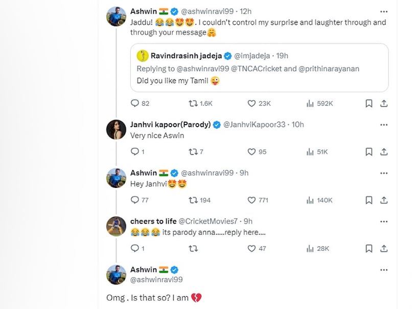 “I Am Heartbroken”: R Ashwin’s Hilarious Chat With Janhvi Kapoor ‘Parody’ Account Viral