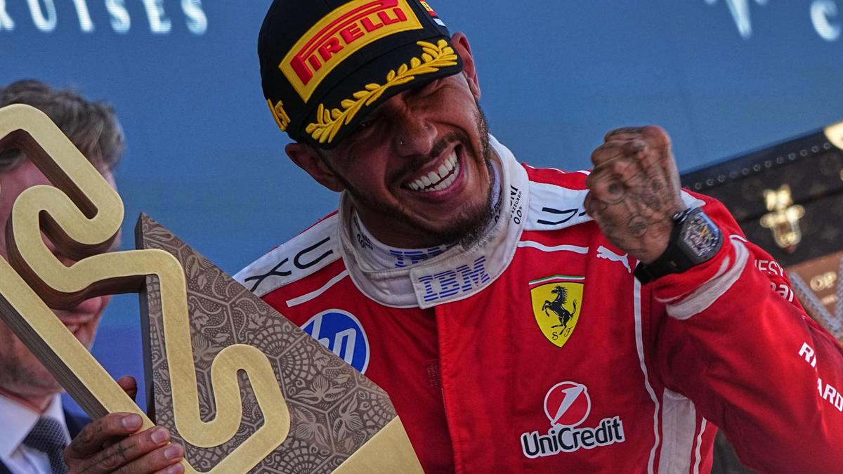 Hamilton celebrates first victory with Ferrari after winning Barcelona GP as Antonelli breaks down